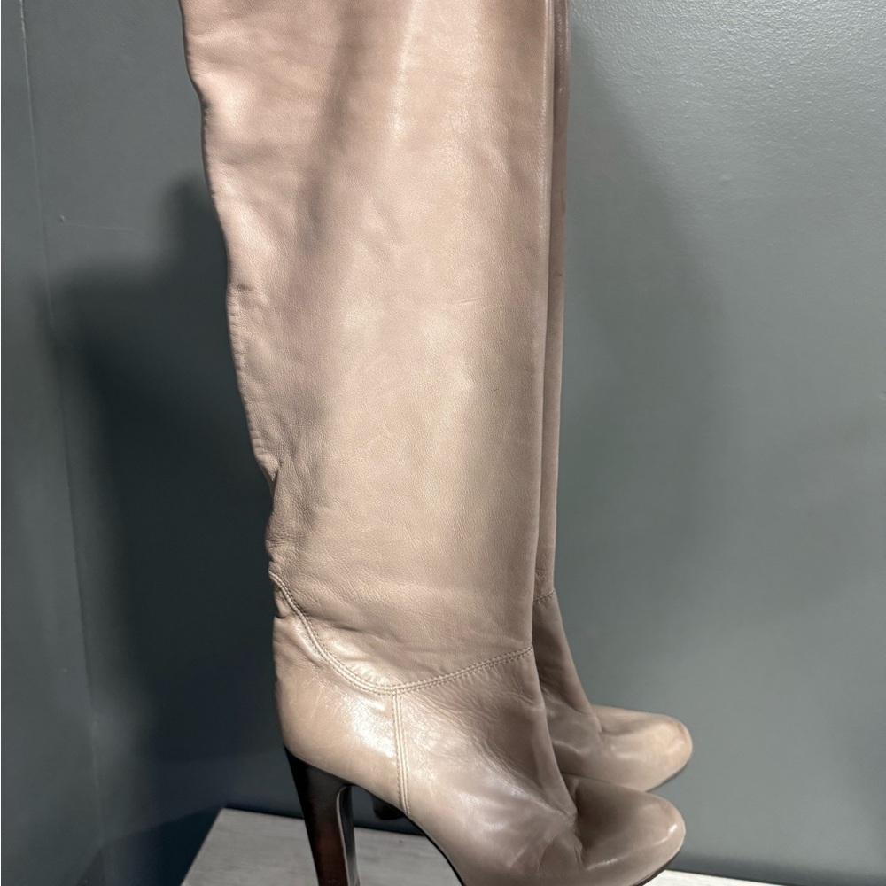 Italian Tan Leather Knee-High Boots Chunky Heel Size 39 (8)